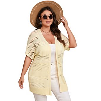 Women Short Sleeve Crochet Cardigan Plus Size, Open Front Knit Cover-Up