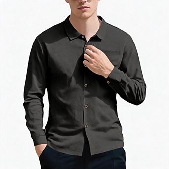 Men's Textured Long Sleeve Button Down Shirt Roll Tab Cuffs Wrinkle Resistant Casual Travel Shirt