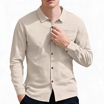 Men's Textured Long Sleeve Button Down Shirt Roll Tab Cuffs Wrinkle Resistant Casual Travel Shirt
