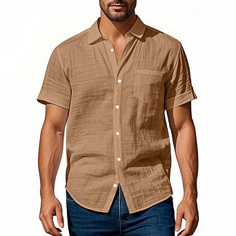 Men's Crinkle Linen Blend Short Sleeve Button Down Shirt Lightweight Breathable Summer Casual Shirt
