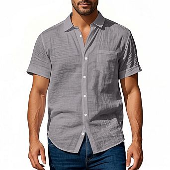 Men's Crinkle Linen Blend Short Sleeve Button Down Shirt Lightweight Breathable Summer Casual Shirt