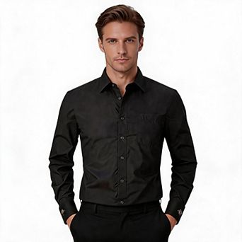 Men Contrast Collar Slim Long Sleeve Dress Shirt Wrinkle Free Striped Solid Business Casual Shirts
