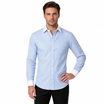 Men Contrast Collar Slim Long Sleeve Dress Shirt Wrinkle Free Striped Solid Business Casual Shirts
