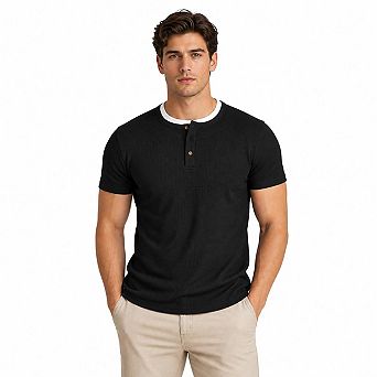 Men's Waffle Knit Short Sleeve Henley Shirt 3 Button Crew Neck Lightweight Textured Casual Top