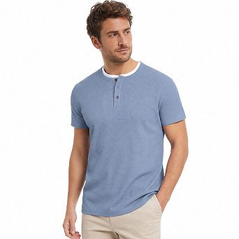 Men's Waffle Knit Short Sleeve Henley Shirt 3 Button Crew Neck Lightweight Textured Casual Top