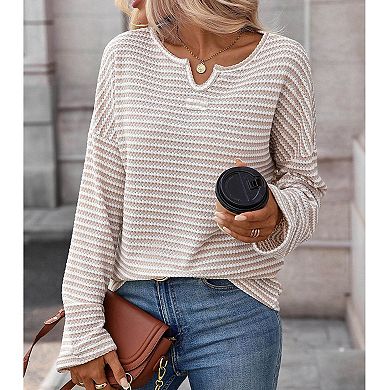 Waffle Knit Long Sleeve Top with Notch Neck and Horizontal Stripes