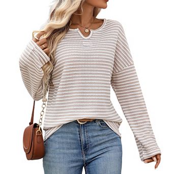 Waffle Knit Long Sleeve Top with Notch Neck and Horizontal Stripes