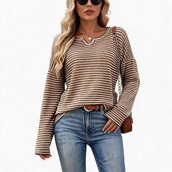 Waffle Knit Long Sleeve Top with Notch Neck and Horizontal Stripes