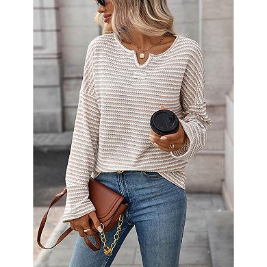 Horizontal Stripe Waffle Knit Pullover with Notch Neck Split for Women