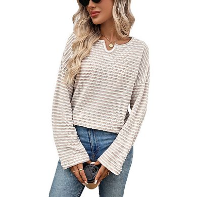 Horizontal Stripe Waffle Knit Pullover with Notch Neck Split for Women