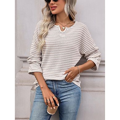 Horizontal Stripe Waffle Knit Pullover with Notch Neck Split for Women