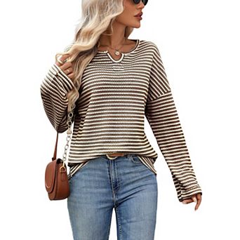 Horizontal Stripe Waffle Knit Pullover with Notch Neck Split for Women