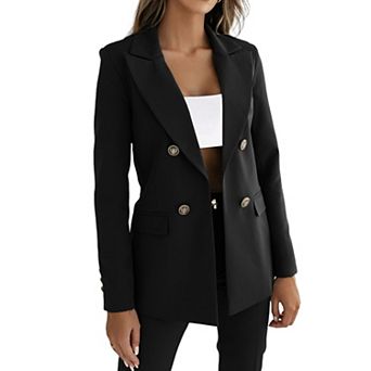 Women Double Breasted Lapel Blazer Long Sleeve Pockets Office Business Suit Jacket