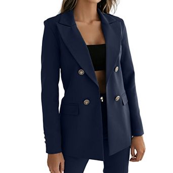 Women Double Breasted Lapel Blazer Long Sleeve Pockets Office Business Suit Jacket
