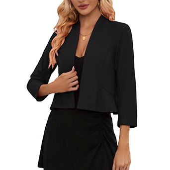 Women Open Front Cropped Blazer 3/4 Sleeve Ruffled Back Hem Lightweight Business Casual Jacket