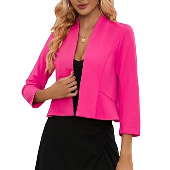 Women Open Front Cropped Blazer 3/4 Sleeve Ruffled Back Hem Lightweight Business Casual Jacket