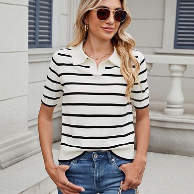 Women's Striped Knit Collared Sweater Top Casual Loose fitting Pullover Top