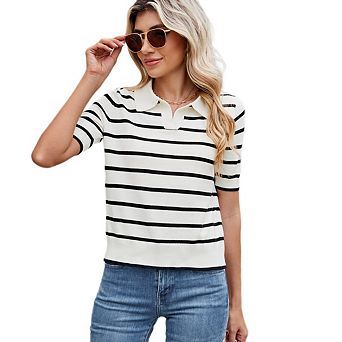 Women's Striped Knit Collared Sweater Top Casual Loose fitting Pullover Top