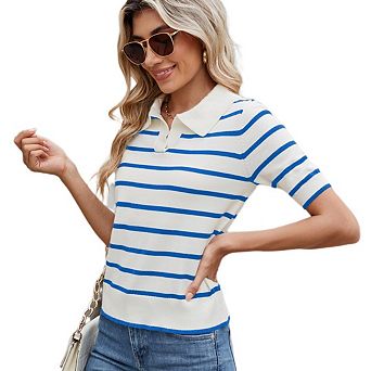 Women's Striped Knit Collared Sweater Top Casual Loose fitting Pullover Top