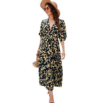 Women's Short Puff Sleeve V Neck Floral Tiered Ruffle Maxi Dress Casual Summer Boho Sundress