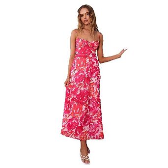 Women's Spaghetti Strap Twist Ruched Cut Out Open Back Midi Dress Wedding Guest Cocktail Outfit
