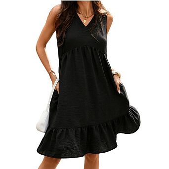 Women's Sleeveless Deep V Neck Loose Mini Sundress with Pockets Casual Summer Beach Outfit