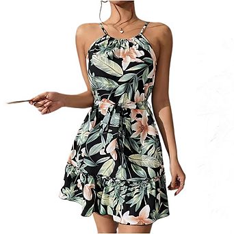 Women's Floral V Neck Wrap Mini Sundress with Spaghetti Straps Ruffled Hem Summer Beach Out