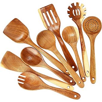 MOEPLSY 9 pc Natural Acacia Wood Kitchen Utensil Set, Heat Resistant Handle Wooden Spoons