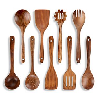 MOEPLSY 9 pc Teak Wood Cooking Utensil Set, Heat Resistant Spoons, Non-Stick Cookware Safe