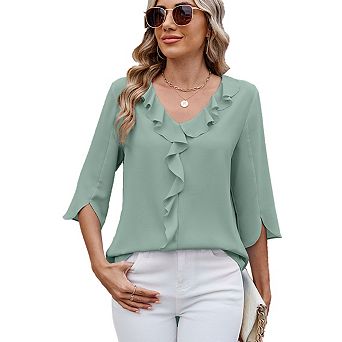 Women's Elegant Ruffled V Neck Chiffon Blouse 3/4 Sleeve Split Cuff Office Tops with Curved Hem
