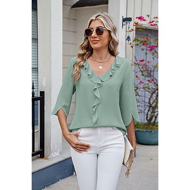 Women's Elegant Ruffled V Neck Chiffon Blouse 3/4 Sleeve Split Cuff Office Tops with Curved Hem