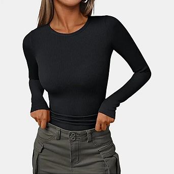 Women's Long Sleeve Blouses Shirts with Ribbed Knit Work Office Basic Tops