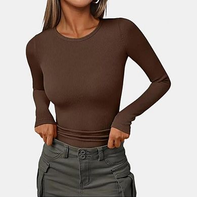 Women's Long Sleeve Blouses Shirts with Ribbed Knit Work Office Basic Tops