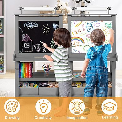 Kinder King Kids Art Easel with Storage, Double-Sided Whiteboard and Chalkboard with Paper Roll