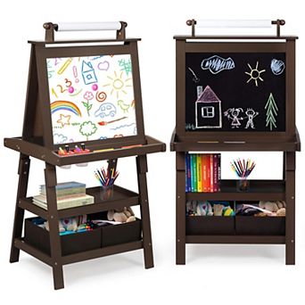 Kinder King Kids Art Easel with Storage, Double-Sided Whiteboard and Chalkboard with Paper Roll