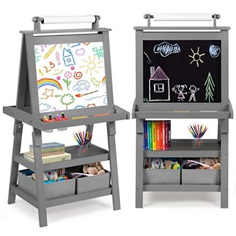 Kinder King Kids Art Easel with Storage, Double-Sided Whiteboard and Chalkboard with Paper Roll
