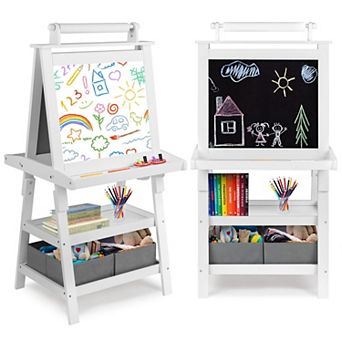 Kinder King Kids Art Easel with Storage, Double-Sided Whiteboard and Chalkboard with Paper Roll