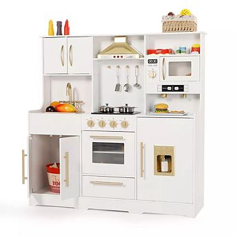 Kinder King Wooden Kids Kitchen Playset, Interactive Kitchen Toy with Sounds, Ice Maker & Oven