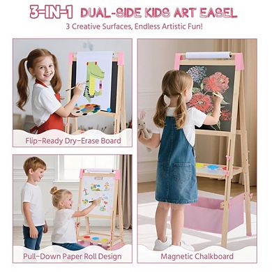 Kinder King Kids Art Easel with Whiteboard and Chalkboard, Double-Sided Drawing Easel for Kids