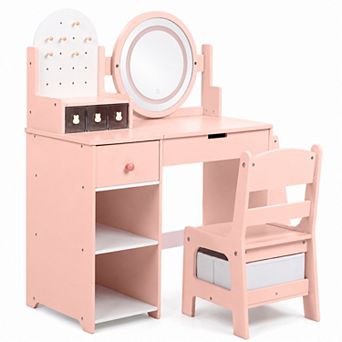 Kinder King Kids Vanity Set with Mirror and Stool, Wooden Makeup Dressing Table with Storage