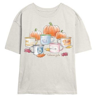 Juniors' Gilmore Girls Fall Watercolor Mugs Skimmer Graphic Tee