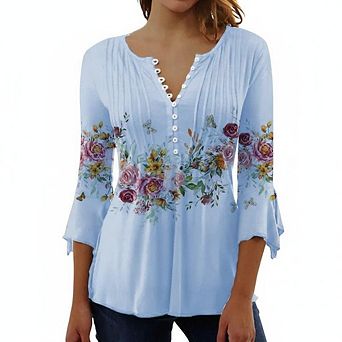 Women’s Floral Print 3/4 Flare Sleeve Blouse V Neck Button Pleated Front Loose Casual Tunic Top