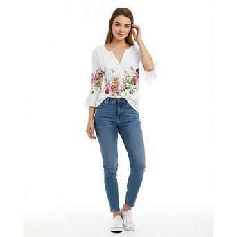 Women’s Floral Print 3/4 Flare Sleeve Blouse V Neck Button Pleated Front Loose Casual Tunic Top