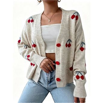 Womens Button Down Cute Cherry Cardigan Sweater Drop Shoulder Rib Knit Long Sleeve Cardigans
