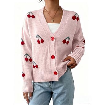 Womens Button Down Cute Cherry Cardigan Sweater Drop Shoulder Rib Knit Long Sleeve Cardigans