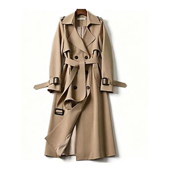 Womens Double Breasted Long Trench Coat Windproof Classic Collared Open Front Overcoat with Belt