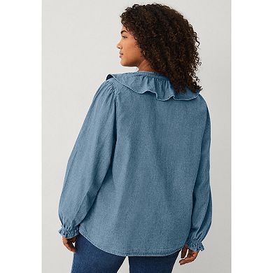 Ellos Plus Size Button-Front Ruffle V-Neck Denim Shirt