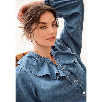 Ellos Plus Size Button-Front Ruffle V-Neck Denim Shirt