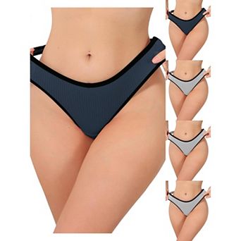 5 Packs Women's Low Waisted Ribbed Thongs Softan Breathable Contrast Color Trim Underwear Panties