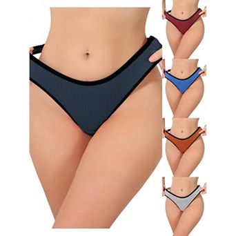 5 Packs Women's Low Waisted Ribbed Thongs Softan Breathable Contrast Color Trim Underwear Panties